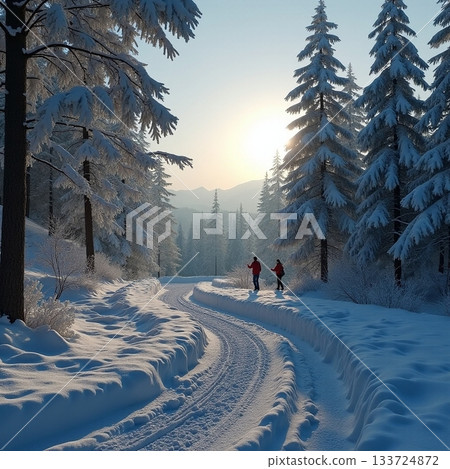 Skiers glide through a winter wonderland in golden sunlight Generative AI 133724872