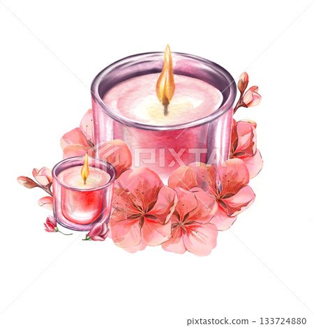 Watercolor candle in a glass with pink camellia flowers Pink light with rose scent Spa and beauty products isolated on a white background Realistic illustration for a beauty salon and wellness center. 133724880