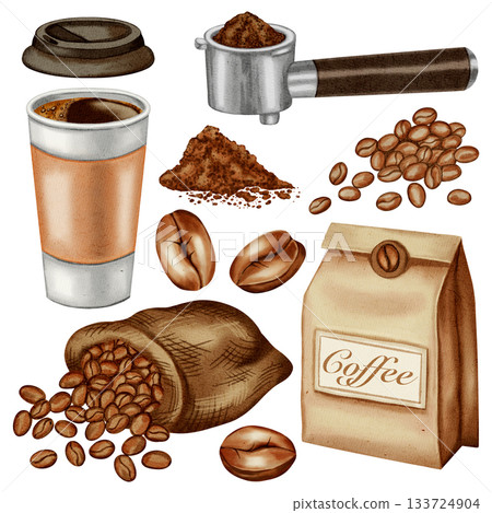 Watercolor illustration set with coffee elements beans, ground coffee, portafilter, coffee branch, and paper bag. Paper cup of coffee to go. Illustrations for coffee shops, cafes, packaging, menus. 133724904