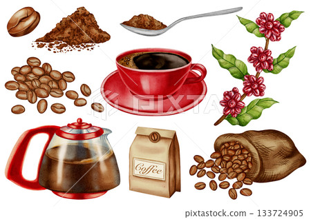 Watercolor coffee set with pot, cup, beans and coffee plant branch. Hand-drawn illustration perfect for shops, cafes, packaging, menus and branding designs Watercolor coffee set with pot, cup, beans and coffee plant branch. Hand-drawn illustration perfect for shops, cafes, packaging, menus and branding designs 133724905
