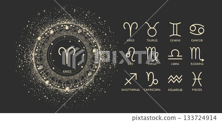 Zodiac wheel with the twelve signs of the zodiac in a celestial style. Mystical vector illustration of the zodiac, horoscope, and astrology on a cosmic background with constellations. Esoteric design Zodiac wheel with the twelve signs of the zodiac in a celestial style. Mystical vector illustration of the zodiac, horoscope, and astrology on a cosmic background with constellations. Esoteric design 133724914