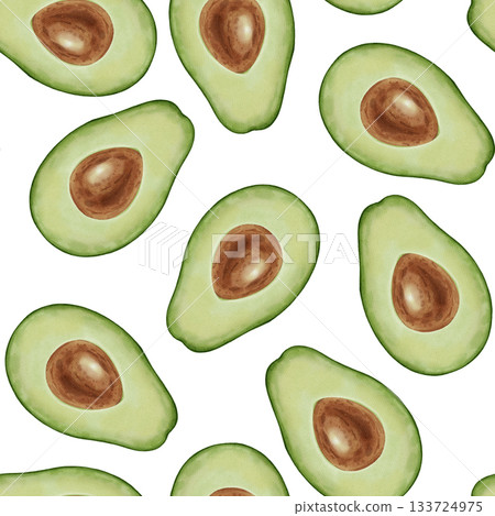 A seamless watercolor pattern featuring hand-drawn avocado halves. Perfect for stores, coffee shops, packaging, menus, branding, textiles, wrapping paper, and organic food design. A seamless watercolor pattern featuring hand-drawn avocado halves. Perfect for stores, coffee shops, packaging, menus, branding, textiles, wrapping paper, and organic food design. 133724975