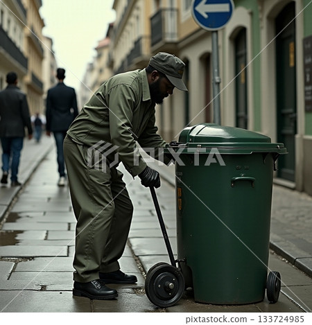 Garbage collector working on a rainy street in the city Generative AI 133724985