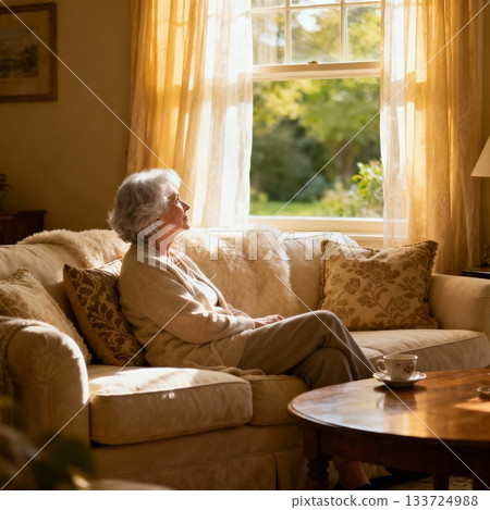 A gray-haired senior woman looking out the window from the sofa in her room 133724988