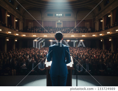 A female leader giving a speech in front of a large audience 133724989