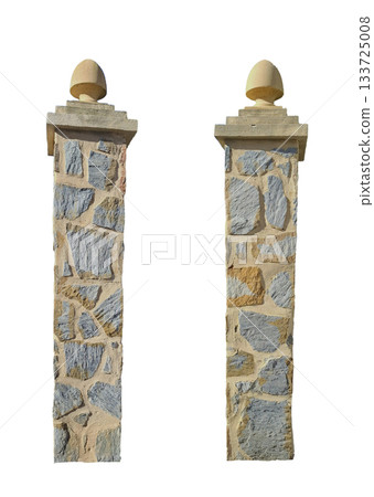 Two elegant stone gate posts with natural stone trim are displayed together, highlighting their sturdy design and craftsmanship against a plain background. 133725008