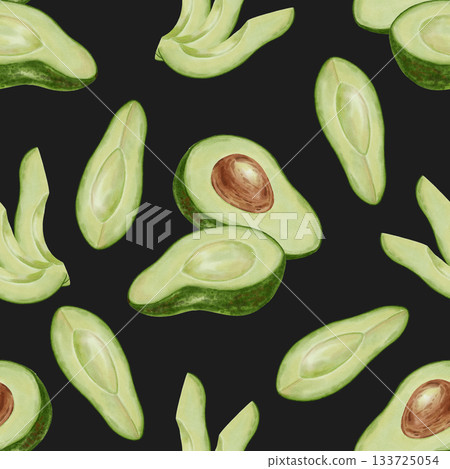 A seamless watercolor pattern with hand-drawn avocado halves and slices. Perfect for retail, packaging, menus, branding, textiles, wrapping paper, and organic product designs. 133725054