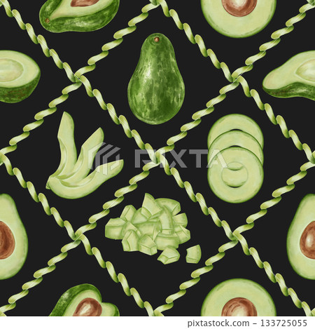 A seamless watercolor pattern featuring hand-drawn avocados in various variations: whole, halved, and sliced. Perfect for retail, packaging, menus, branding, textiles, wrapping paper, and cookbooks. 133725055