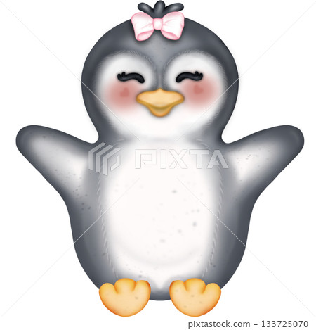 Cute hand drawn penguins collection in winter clothing and hat, kids cartoon set. Penguin animal winter, illustration  holiday character.  133725070