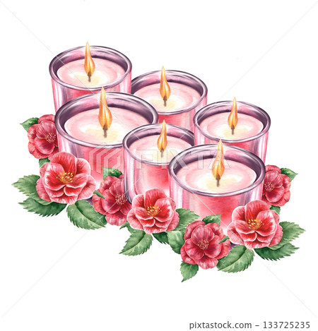 Watercolor candle in a glass with pink camellia flowers Pink light with rose scent Spa and beauty products isolated on a white background Realistic illustration for a beauty salon and wellness center. Watercolor candle in a glass with pink camellia flowers Pink light with rose scent Spa and beauty products isolated on a white background Realistic illustration for a beauty salon and wellness center. 133725235