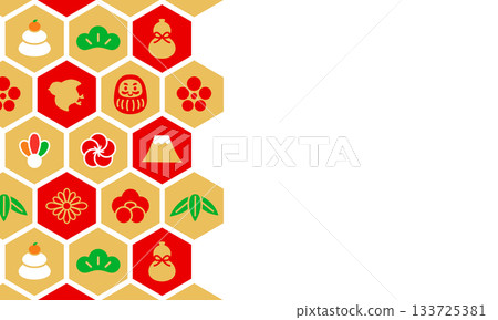 A gorgeous New Year's card background illustration with New Year's icons arranged in a hexagonal pattern 133725381