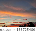 Vivid colors fill the sky as the sun sets in southern Spain. Silhouettes of palm trees create a beautiful contrast against the glowing clouds as day turns to night. 133725480