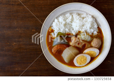 Oden curry rice on a table background seen from directly above Oden curry rice on a table background seen from directly above 133725658