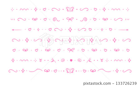 Line divider, cute border hand drawn elements separator. Set geometric bright doodle frames with bows, hearts, moon. Stars and geometric shapes. Lace horizontal decoration. Line divider, cute border hand drawn elements separator. Set geometric bright doodle frames with bows, hearts, moon. Stars and geometric shapes. Lace horizontal decoration. 133726239