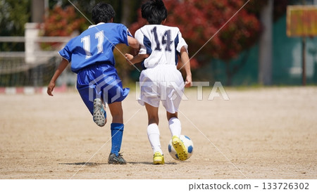 Youth soccer match (player dribbling) Youth soccer match (player dribbling) 133726302