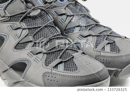 Close up shoelaces on Casual hiking shoes, background pattern texture. Close up shoelaces on Casual hiking shoes, background pattern texture. 133726325