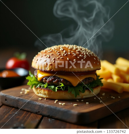 Delicious cheeseburger served with crispy fries in cozy setting Generative AI 133726742