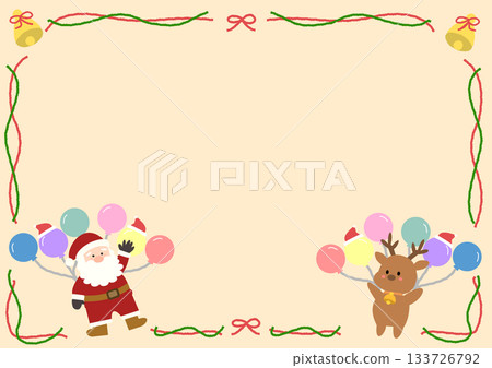 Cute Christmas frame of Santa Claus and reindeer floating on balloons 133726792