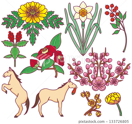 New Year's materials, New Year's cards, January flowers, plants, lucky charms 133726805