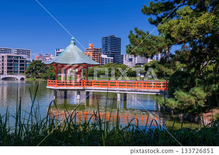 red pavilion from Ohori lake park with Fukuoka urban city view, Japan 133726851