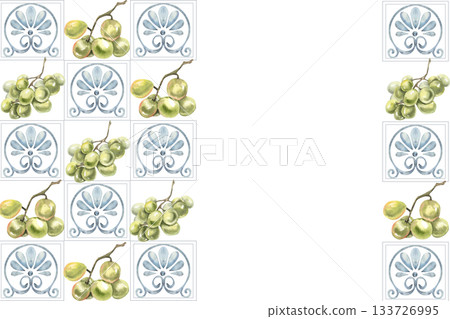 Blue floral ornament, green grape fruits watercolor banner template for menu,poster, card design. Summer Greek and Italian fresh fruits and ornate frame for wine bottle packing design 133726995