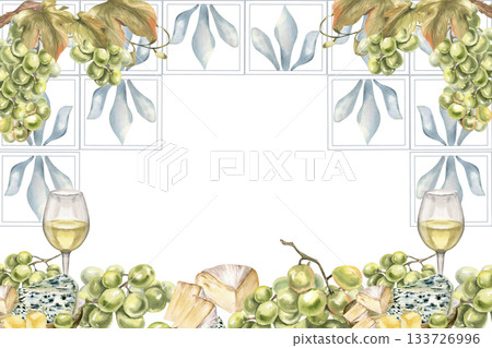 Wine, green grapes, cheese plate and Greek ornament watercolor banner template. Italian and Greek drink, fresh summer fruits and vine clipart with blue floral pattern for menu,poster,card design 133726996