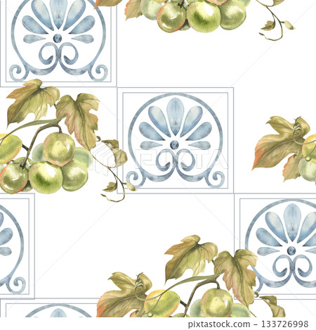 Floral blue tile ornament with fresh green grapes bunch watercolor seamless pattern. Hand drawn summer fresh fruits background, Sicilian motif for italian cuisine menu, wallpaper design Floral blue tile ornament with fresh green grapes bunch watercolor seamless pattern. Hand drawn summer fresh fruits background, Sicilian motif for italian cuisine menu, wallpaper design 133726998
