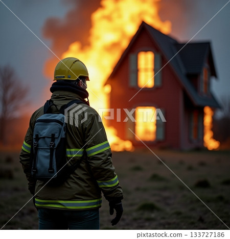Brave firefighter stands before a blazing house fire Generative AI Brave firefighter stands before a blazing house fire Generative AI 133727186