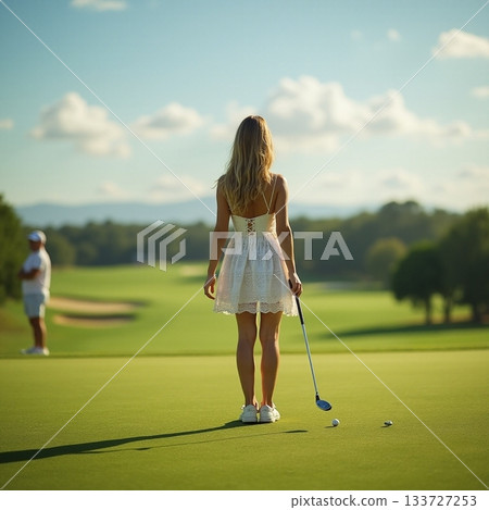 Golf course afternoon with a stylish player in a sunny setting Generative AI 133727253