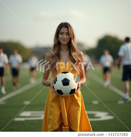 Beautiful girl in yellow dress holding soccer ball on field Generative AI Beautiful girl in yellow dress holding soccer ball on field Generative AI 133727260