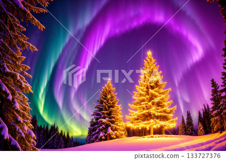 Christmas trees and lights and decorations for winter holidays in snowy forest, Christmas night, beautiful winter nature, festive background for the New Year holiday Christmas trees and lights and decorations for winter holidays in snowy forest, Christmas night, beautiful winter nature, festive background for the New Year holiday 133727376