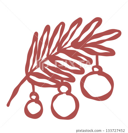 Pine branch with hanging ornaments winter foliage festive Christmas greenery holiday decoration botanical seasonal illustration Pine branch with hanging ornaments winter foliage festive Christmas greenery holiday decoration botanical seasonal illustration 133727452