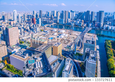 Tokyo cityscape in Japan: Towards a new era. View of the former Tsukiji Market site. To be redeveloped... = 14th 133727611