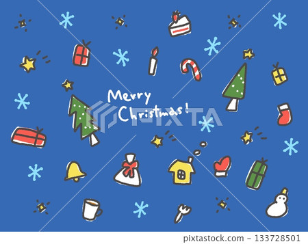 藍色背景上可愛的塗鴉風格手繪聖誕插圖，祝您聖誕快樂！ 133728501