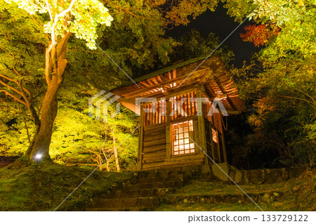 秋季，岩手縣平泉市中尊寺古老的鐘樓在燈光的襯托下顯得格外迷人。 133729122