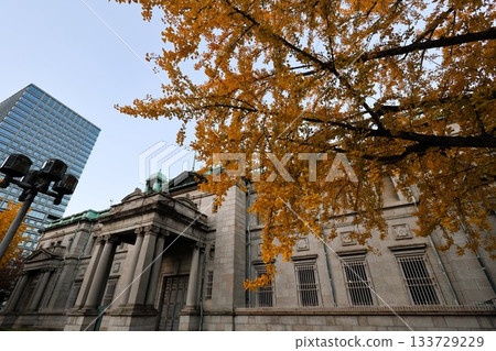 日本銀行大樓和秋日的銀杏葉 133729229
