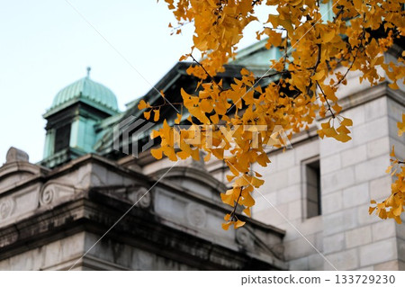 日本銀行大樓和秋日的銀杏葉 133729230