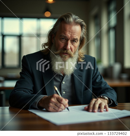 Businessman signs important documents in modern office Generative AI 133729402