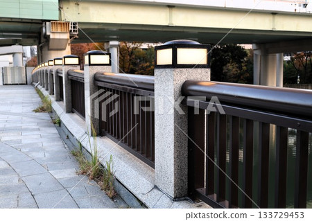 Railing of a bridge over a river 133729453