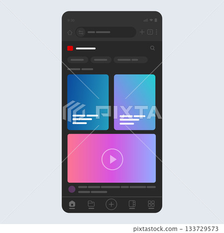 Mobile social media video streaming application interface in dark mode thumbnail previews and play icons vector illustration for content creator or vlog 133729573