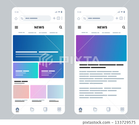 News application interface headline banners and article list on white background for online media magazine or blog reading platform mobile app design 133729575