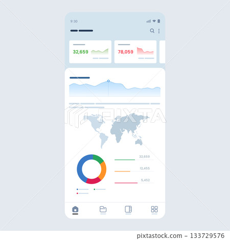 Mobile application business analytics dashboard interface design showing statistical data charts graphs and world map financial report Mobile application business analytics dashboard interface design showing statistical data charts graphs and world map financial report 133729576