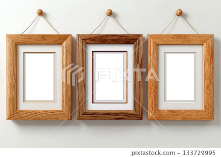 Interior. Mock up for modern interior and branding. Empty wooden photo frame for a collage of three photos in a minimalist style on a white background. Stylish photo frame. Interior. Mock up for modern interior and branding. Empty wooden photo frame for a collage of three photos in a minimalist style on a white background. Stylish photo frame. 133729995