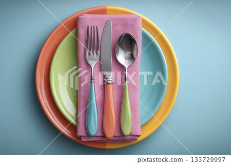 Elegance and formal event settings. Bright silverware set. Fork, knife and spoon. Casual dining or lifestyle. Kitchenware and dining products. 133729997