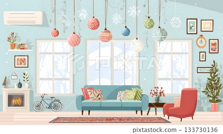 Flat vector winter illustration with Christmas decorations hanging from ceiling over cozy living room 133730136