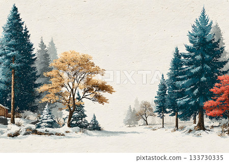hand drawn snowy forest border with empty center space for text or greeting 133730335