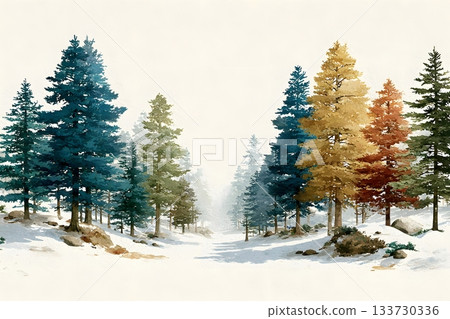hand drawn snowy forest border with empty center space for text or greeting 133730336