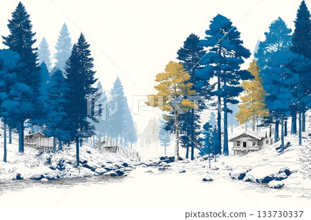 hand drawn snowy forest border with empty center space for text or greeting hand drawn snowy forest border with empty center space for text or greeting 133730337