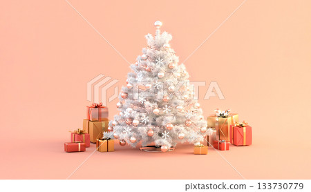 粉紅色背景上的白色聖誕樹和禮物 133730779