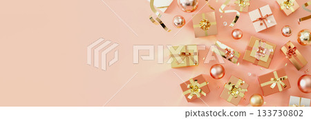 Pink and gold background with lots of presents Pink and gold background with lots of presents 133730802
